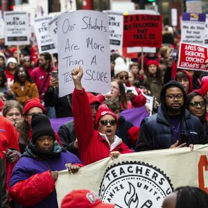 Thousands of striking Chicago Teachers Union members and their supporters march through the Loop, Thursday afternoon, Oct. 17, 2019.