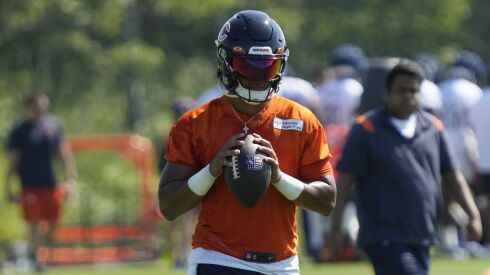 A photo of Bears quarterback Justin Fields at practice at Halas Hall.