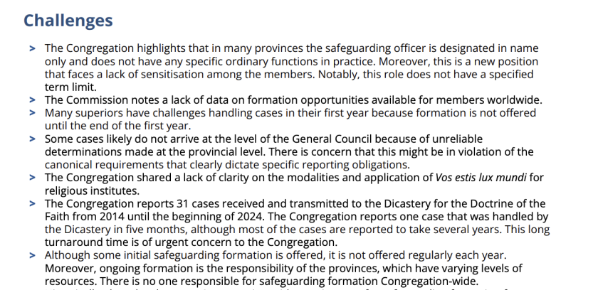 Part of a 2024 Vatican report showing continued "challenges" facing the Spiritans over dealing with and preventing child sex abuse among members.