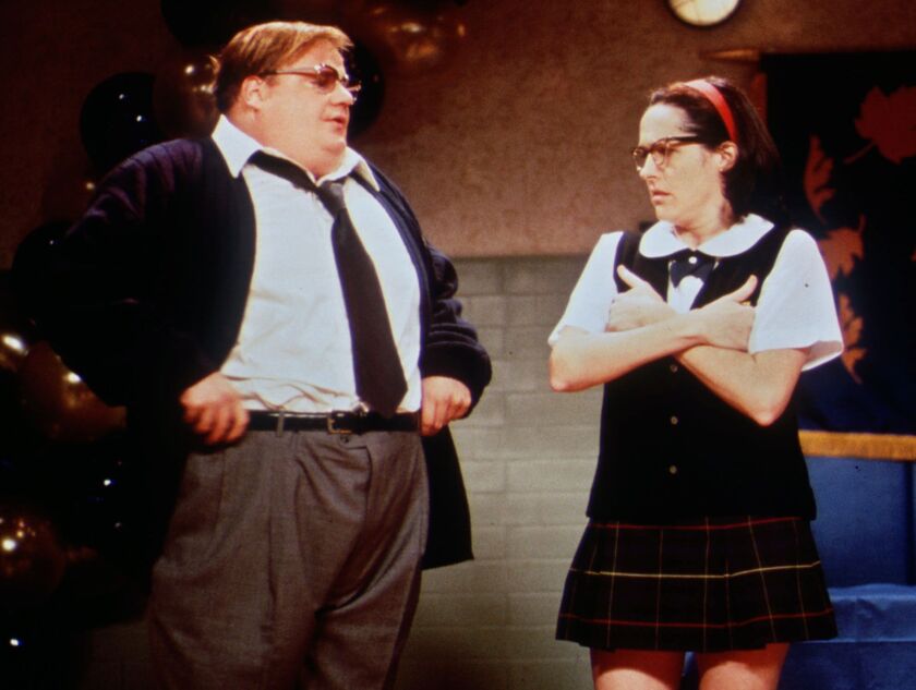 Chris Farley, the is shown with Saturday Night Live costar Molly Shannon in a scene from the show that aired in October 1997, about two months before Farley died. | NBC photo