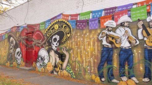 The mural is on a wall of a one-story, commercial strip mall building at West 63rd Street and South Knox Avenue, home to King's Chop Suey.