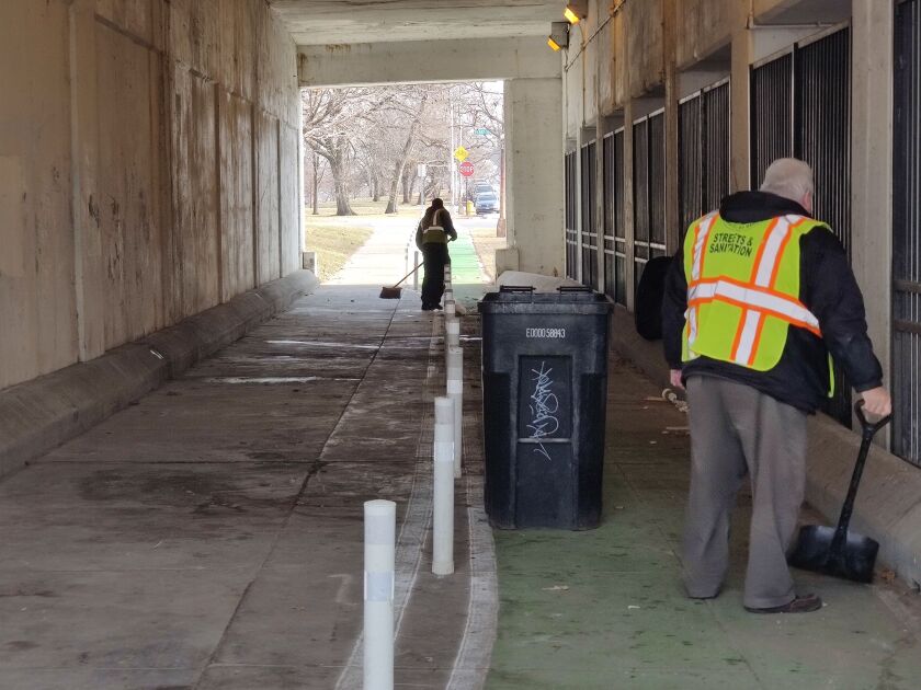 Chicago Department of Streets and Sanitation workers cleaned the Wilson Avenue viaduct on Monday morning.