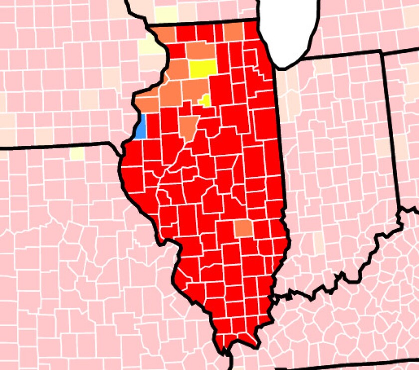 COVID-19 transmission is considered high in counties marked red.