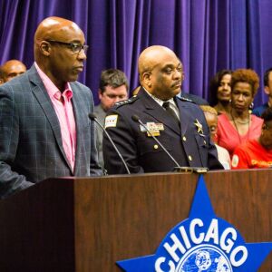 Illinois State Sen. Kwame Raoul (left) sponsored a bill signed into law last month that toughens sentencing for repeat gun crimes. Chicago Police Supt. Eddie Johnson (right) supported the bill. | James Foster/Sun-Times file