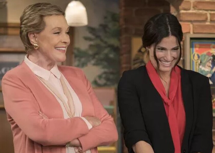 “Let It Go” singer Idina Menzel, right, is the first guest to “Julie’s Greenroom.” (Photo: Ali Goldstein/Netflix)