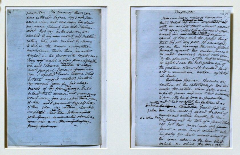 Pages from the original manuscript of “Frankenstein” by Mary Shelley, are displayed for a Bodleian Libraries, University of Oxford literary exhibition on November 29, 2010, in Oxford, England. | Matt Cardy/Getty Images