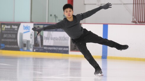 Lorenzo Elano lands after performing a jump during practice at Twin Rinks Ice Pavilion in Buffalo Grove on Friday, Dec. 5, 2025.