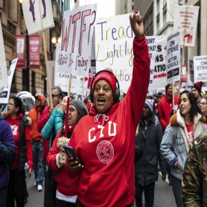 Thousands of striking Chicago Teachers Union members and their supporters march through the Loop, Thursday afternoon, Oct. 17, 2019.
