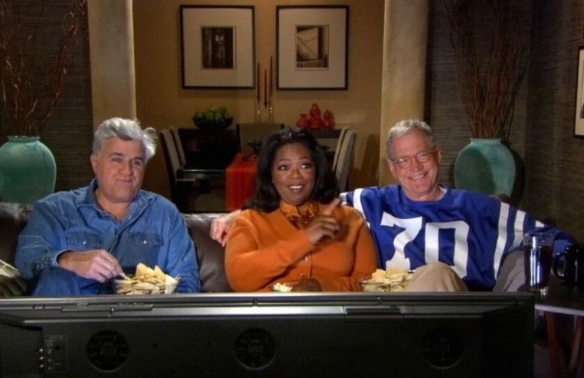 Jay Leno, Oprah Winfrey and David Letterman appear in a “Late Show” ad during Super Bowl 2010. | CBS