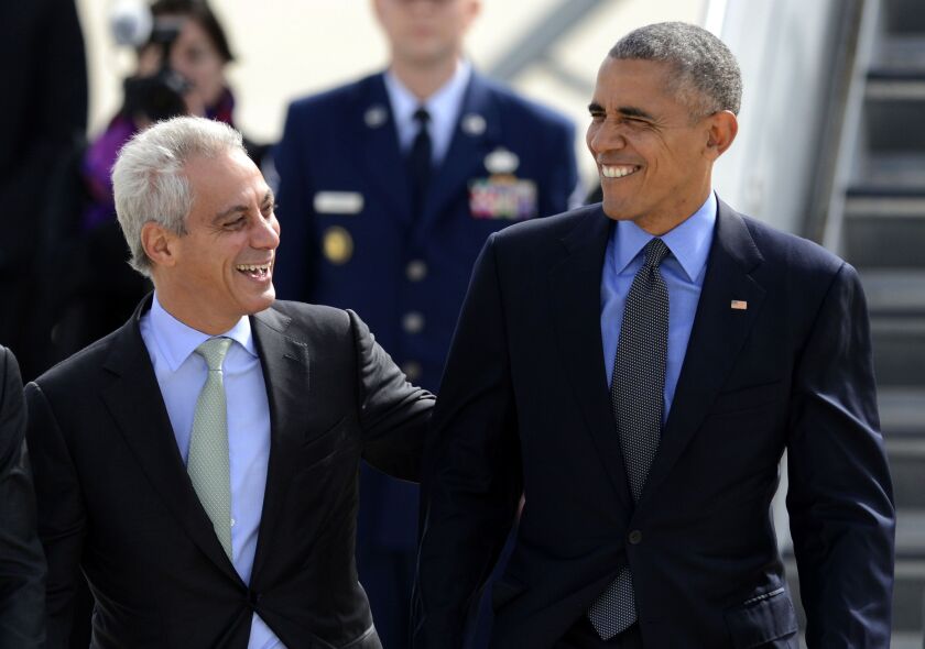 Then-President Barack Obama (right) talks with Chicago Mayor Rahm Emanuel after walking off Air Force One at O’Hare International Airport in 2016. Emanuel worked in the Obama White House during the battle over the Affordable Care Act.