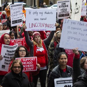 Thousands of striking Chicago Teachers Union members and their supporters march through the Loop, Thursday afternoon, Oct. 17, 2019.