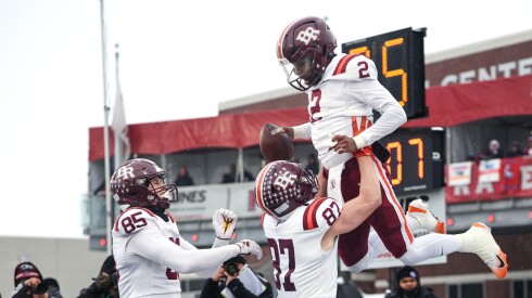 Brother Rice's CJ Gray (2) celebrates his touchdown with Collin Goggin (87) and Jack McNamara (85) during the Class 7A state championship against against St. Rita at NIU’s Huskie Stadium.