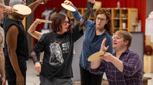 Megan Mullally, center, rehearses with the cast of "Iceboy!" at the Goodman Theatre, Saturday, June 6, 2026, in Chicago.