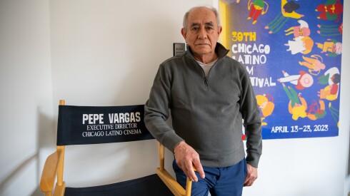 Chicago Latino Film Fest Founder Pepe Vargas stands in his office in the Loop on Wednesday, April. 8, 2026.