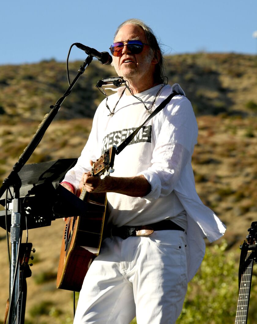 Neil Young performs at Painted Turtle Camp on September 14, 2019 in Lake Hughes, California.