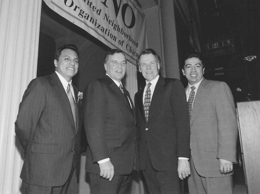 State House Speaker Mike Madigan, second from right, and Ald. Danny Solis (25th), right, attend the annual awards dinner of the United Neighborhood Organization in 1998. Also pictured are (from left) Juan Rangel, UNO president and executive director, and