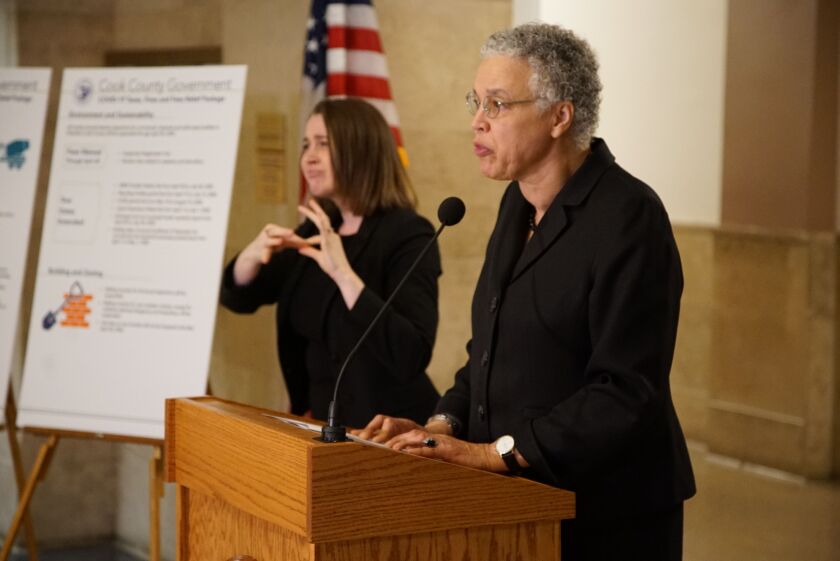 Cook County Board President Toni Preckwinkle holds a news conference