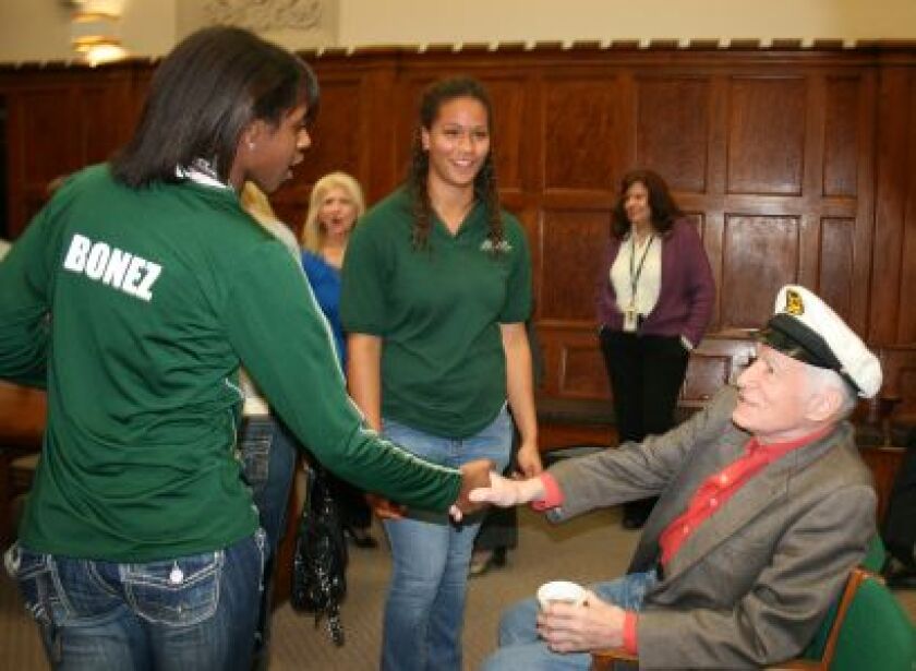 <small><strong> Steinmetz Star staff member Takara Johnson was among the student journalists who met Hugh Hefner when he visited his alma mater in 2010. | Steinmetz Star photo</strong></small>