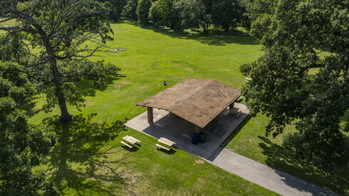 Aerial of a picnic area in Harms Woods