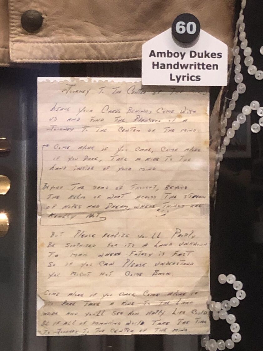 John Drake sent handwritten lyrics for the Amboy Dukes’ “Journey to the Center of the Mind” to the Rock & Roll Hall of Fame in Cleveland.