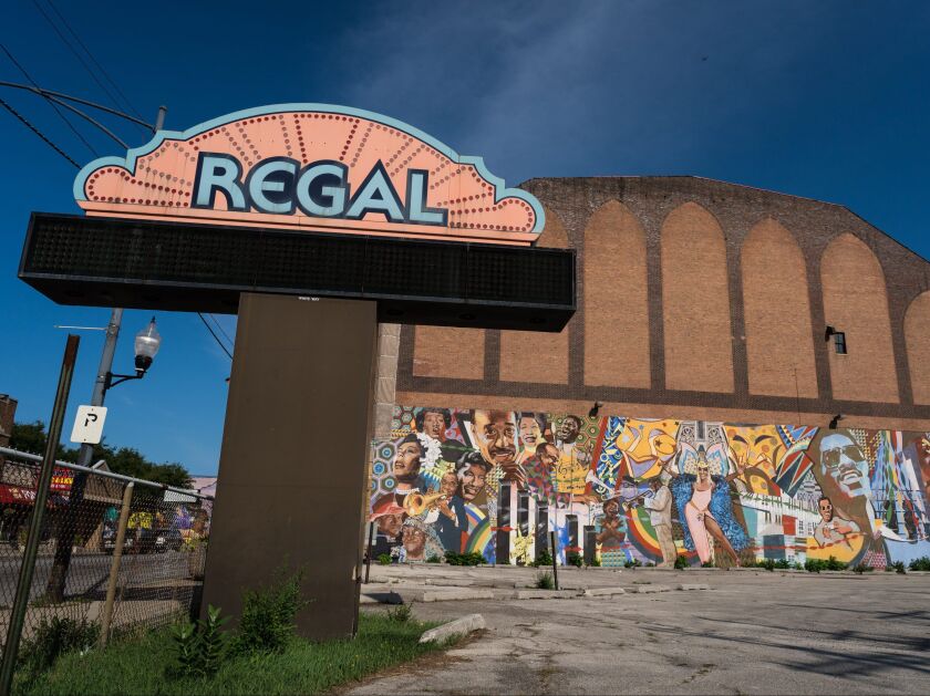 A mural decorates the outside of the Avalon Regal Theater in South Shore. The current owner of the shuttered theater is trying to raise money to reopen. | Max Herman/For the Sun-Times