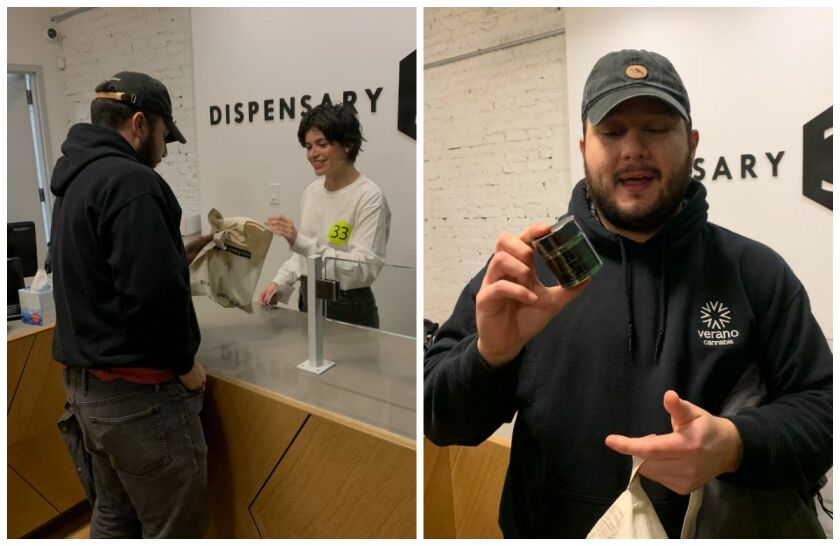 Renzo Mejia, of the West Loop, shows off his purchase of an eighth of an ounce of Motorbreath OG, the first legal sale of recreational weed in Illinois history.