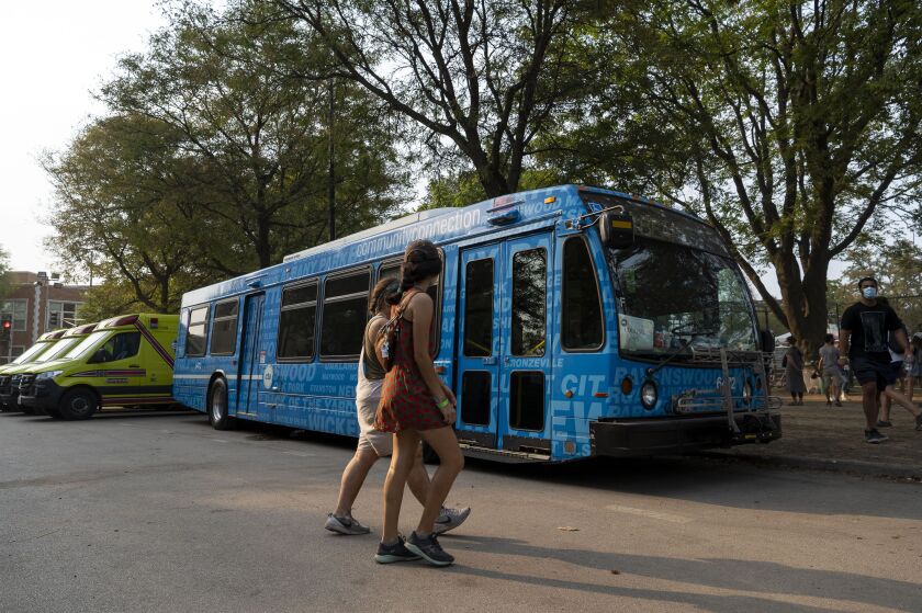 A CTA cooling bus sits parked at Pitchfork music festival grounds at Union Park, Saturday, Sept. 11, 2021.