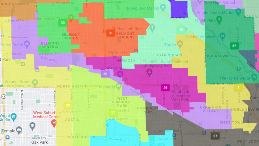 The new boundaries of Chicago's 36th Ward are shown in lilac.