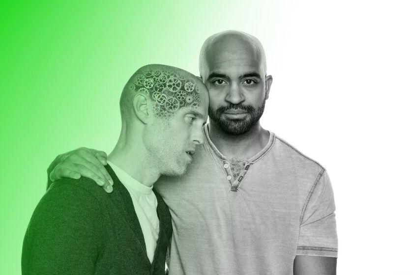 Jay Worthington and Martel Manning star in “The Pillowman” at The Gift Theatre.