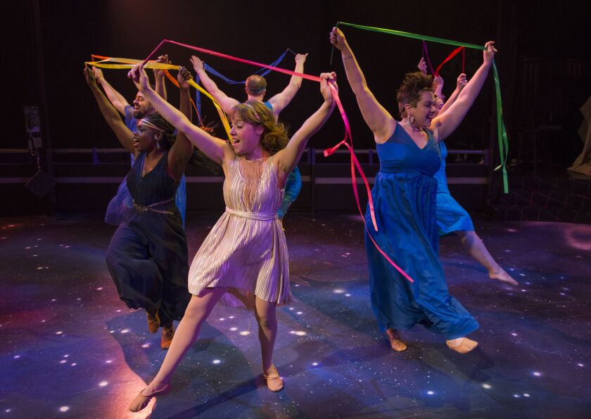 Karla L. Beard (Melpomene, from left front), Landree Fleming (Kira) and Missy Aguilar (Calliope) in American Theater Company’s production of “Xanadu.” | Photo by Michael Brosilow