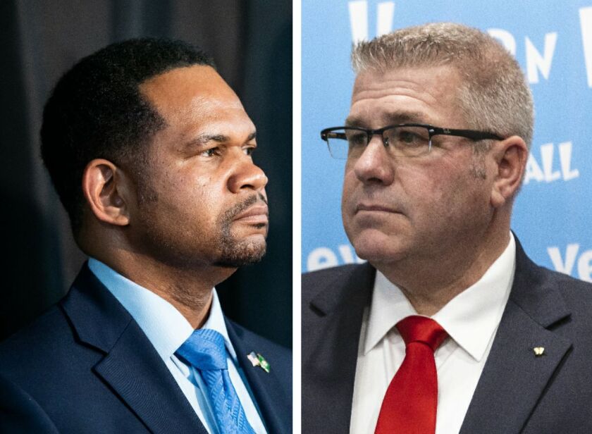 Republican gubernatorial candidates Richard Irvin, left, and Darren Bailey, right, in May.
