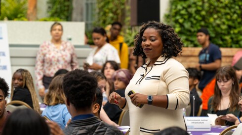 Mayor Brandon Johnson's budget director, Annette Guzman, appears at a Youth Budget Roundtable at the Harold Washington Library in 2023.
