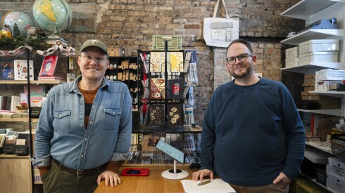 Paper & Pencil owners Eric Campbell (left) and Tyler McCall inside their Andersonville stationary shop.