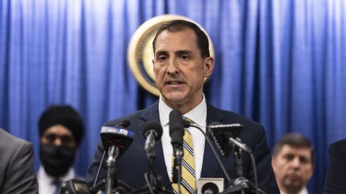 U.S. Attorney John Lausch announcing the corruption indictment in March of former Illinois House Speaker Michael Madigan.