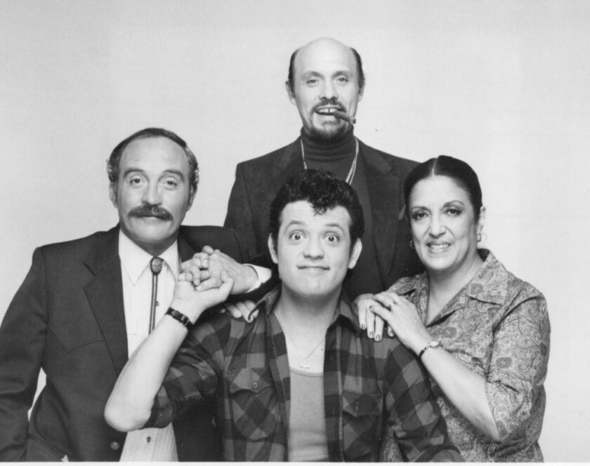 Joe Santos, with mustache, left, pictured with Paul Rodriguez (center foreground), Hector Elizondo and Katy Jurado in one of Santos’ less well-known TV series, the Norman Lear comedy “a.k.a Pablo.”