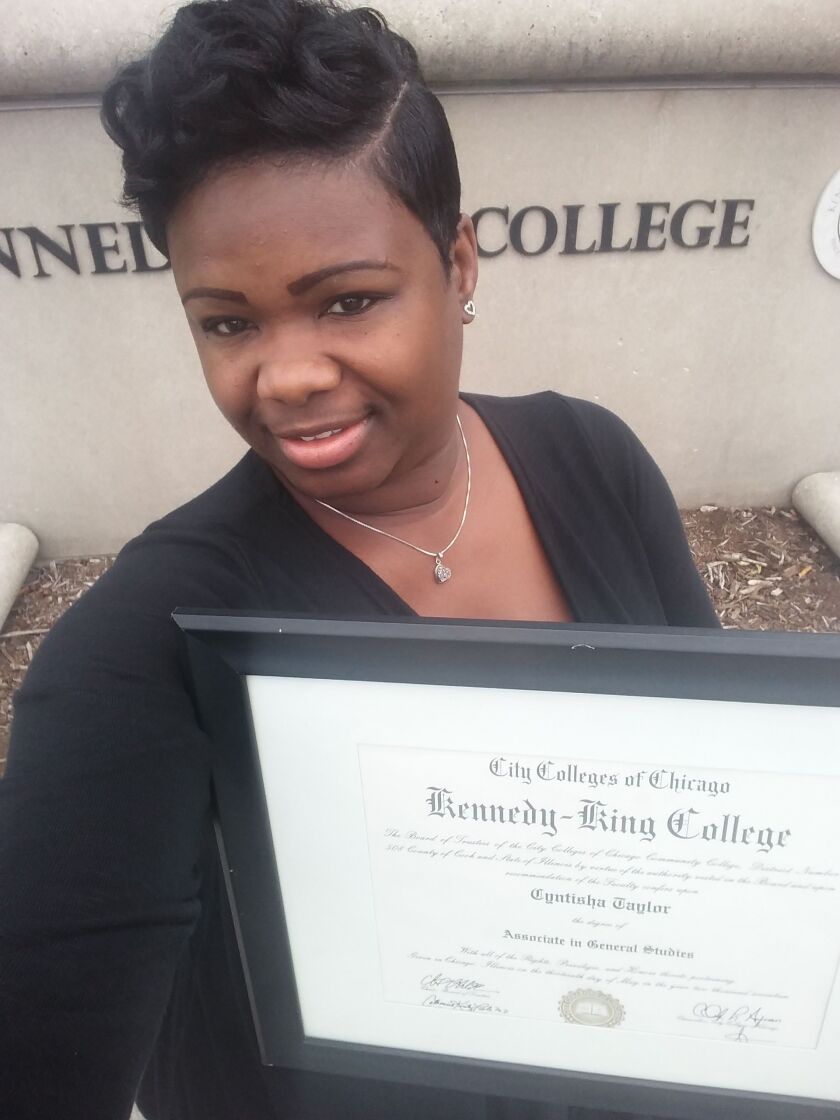 Cyntisha Taylor earned an associate’s in general education in May. She plans to go back to National Louis University to complete her bachelor’s degree. | Provided photo