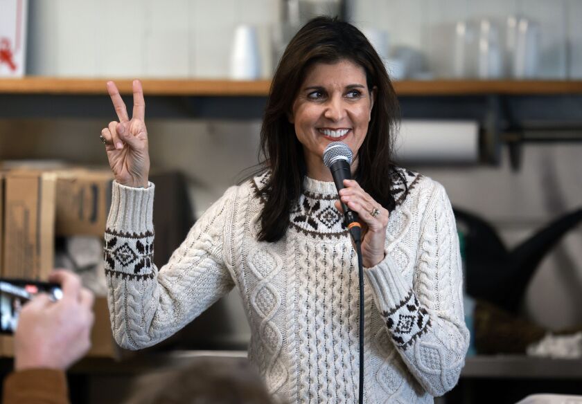 Former U.N. Ambassador Nikki Haley campaigns Sunday in New Hampshire. She faces former President Donald Trump on Tuesday in the state’s primary.