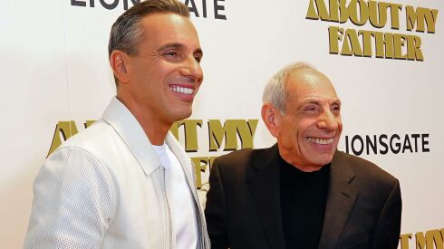 “About My Father” star Sebastian Maniscalco (left) arrives with his father, Salvo, at the film’s Chicago premiere May 6 at AMC River East.