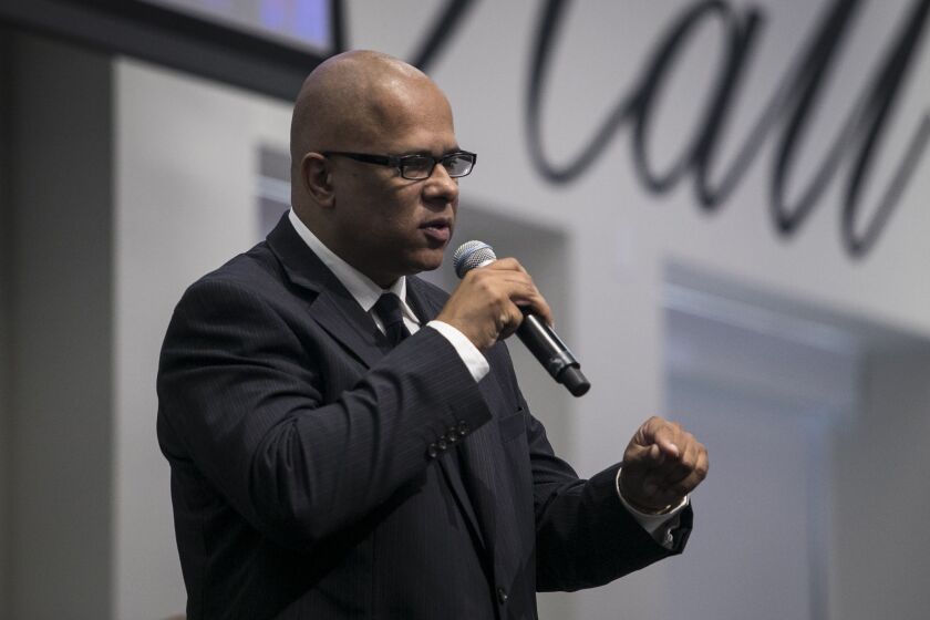 Illinois gubernatorial candidate Tio Hardiman speaks before Our Revolution Illinois, Chicago Teachers Union, MoveOn, Progressive Democrats of America and other organizations for the Progressive Gubernatorial Forum on Sunday, Oct. 8, 2017. | Ashlee Rezin/S