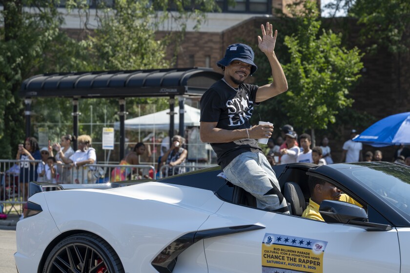 Chance the Rapper rides on by during the 96th Bud Billiken Parade down in Chicago’s Southside, Saturday, Aug. 9, 2025.