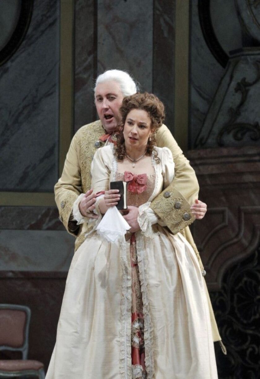 Matthew Rose as the boorish Baron Ochs and Christina Landshamer as Sophie in Lyric Opera’s production of “Der Rosenkavalier.” | PHOTO BY CORY WEAVER