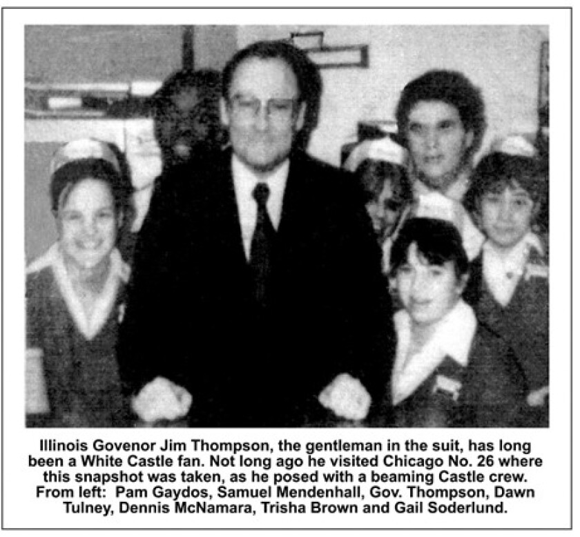 Sam Mendenhall is glimpsed just to Jim Thompson’s right in this photo from a White Castle employee newsletter. Eventually the two would be law partners at Winston & Strawn.