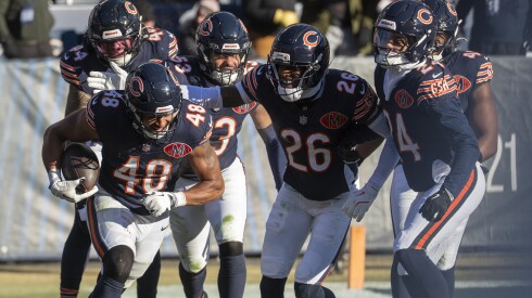 Bears linebacker D'Marco Jackson #48 celebrates with his teammates after making an interception during the third quarter of the Bears game against the Cleveland Browns at Soldier Field, Sunday, Dec. 14, 2025. | Tyler Pasciak LaRiviere/Sun-Time