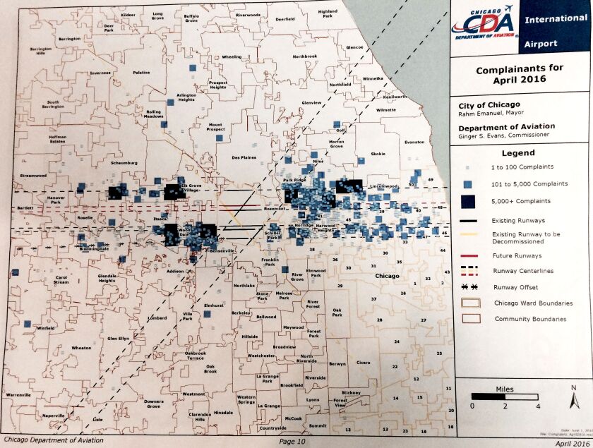 Heavier traffic on O’Hare’s new, southernmost runway apparently triggered an uptick in jet noise complaints as far west as Bloomingdale, as indicated on this map. Source: Chicago Department of Aviation, April 2016 Airport Noise Management System report.<b