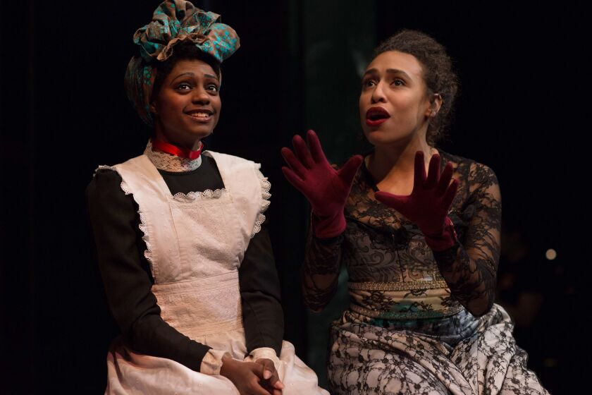Katherine Bourné plays Lisette and Kyrie Courter plays the title character in the BoHo Theatre production of Michael John LaChiusa’s musical “Marie Christine.” (Photo: Katie Stanley)