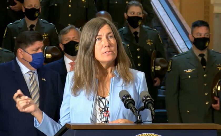 State Rep. Fran Hurley, D-Chicago, speaks at the bill-signing ceremony on Thursday.