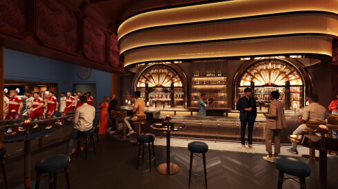 Rendering of a Prohibition era-style speakeasy with high-top seating and tables.
