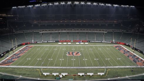 Paycor Stadium sits empty after the NFL postponed Monday’s Bills-Bengals game.