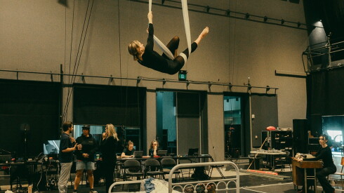 Acrobat Anna Kichtchenko rehearses a scene from “The Attic: Things I’ve Seen While Lying on My Back,” written, directed and choreographed by Shana Carroll at the Goodman Theater. The world premiere runs through Oct. 4.