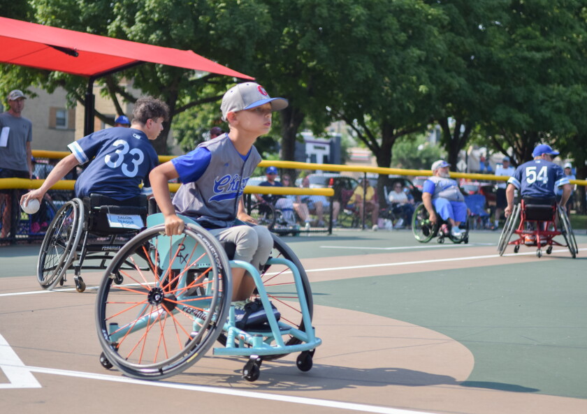 Cooper Roberts, 11, rushes to first base during the 2025 Wheelchair Softball Junior World Series at California Park Saturday, August 2, 2025.